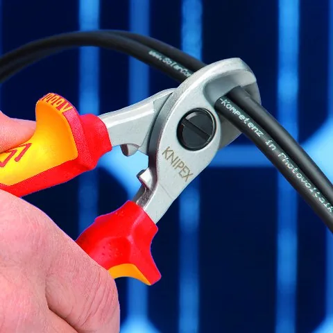 KNIPEX 95 16 165 T Cable Shears 165 mm chrome-plated insulated with multi-component grips, VDE-tested with integrated insulated tether attachment point for a tool tether