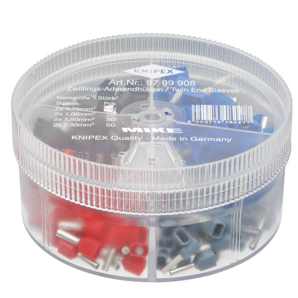 Bộ đầu cos đôi 200 cái Knipex 97 99 908 bấm sẵn cách điện – Dành cho hai dây dẫn, màu DIN