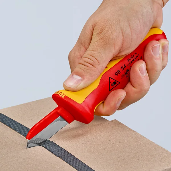 Tay cầm dao rọc cáp Knipex 98 54 hai thành phần, đạt chứng nhận VDE 1000V, đảm bảo an toàn điện.