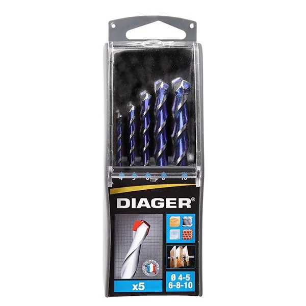 Bộ mũi khoan đa vật liệu 5 chi tiết size Ø4-10mm DIAGER 215B, chuôi trụ cho máy khoan đầu kẹp