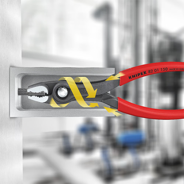 Tay cầm TwinGrip Knipex 82 01 150 bọc nhựa nhám chống trượt, hỗ trợ thao tác khi tay dính dầu mỡ.