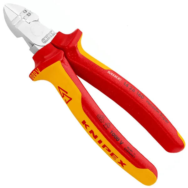 Kìm cắt cạnh heavy duty Knipex 14 26 160, tuốt vỏ cách điện, cắt dây mềm Ø 2.5 mm, dây cứng Ø 1.5 mm, tuốt dây 1,5 / 2,5 mm². Cán đa màu VDE, đầu kìm mạ crom bóng