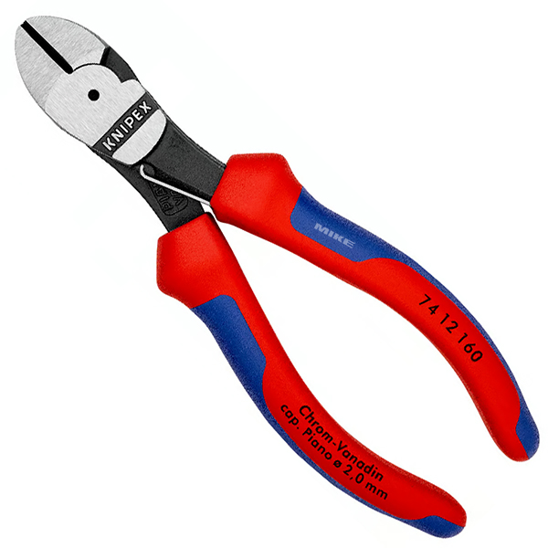 Kìm cắt cạnh cường lực Knipex  74 12 160, đầu kìm mạ đen cán bọc nhựa đa màu. Cắt dây cứng vừa Ø3.4mm, dây cứng Ø2.5mm, dây piano Ø2.0mm