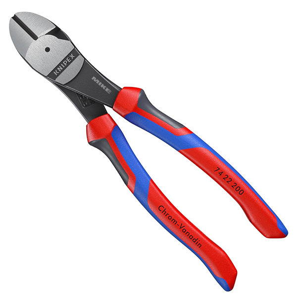 Kìm cắt cạnh cường lực Knipex  74 22 200, đầu kìm mạ đen cán bọc VDE bóng. Cắt dây cứng vừa Ø4.2mm, dây cứng Ø3.0mm, dây piano Ø2.5mm