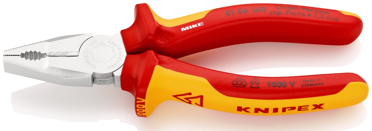 Kìm răng đầu bằng Knipex 01 06 160 cán bọc cách điện 1000V