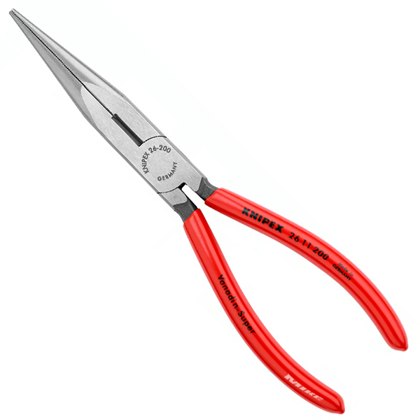 Kìm mỏ nhọn đầu thẳng Knipex 26 11 200, size 200mm, mũi bán nguyệt, cán bọc PVC trơn, mạ đen