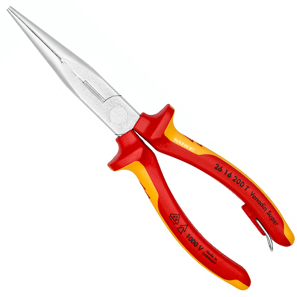 Kìm mỏ nhọn đầu thẳng Knipex 26 16 200 T, size 200mm, mũi bán nguyệt, cán bọc PVC bóng, mạ chrome, có móc an toàn