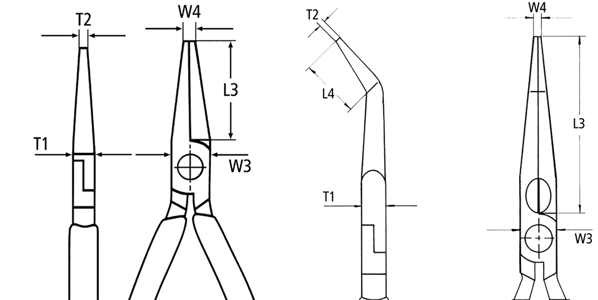 Kìm mỏ nhọn Knipex 26 có nhiều mã tiêu biểu như 26 11 200 (bọc nhựa thường), 26 16 200 T (cách điện VDE, có móc), 26 27 200 (nghiêng 40°, chống trượt).