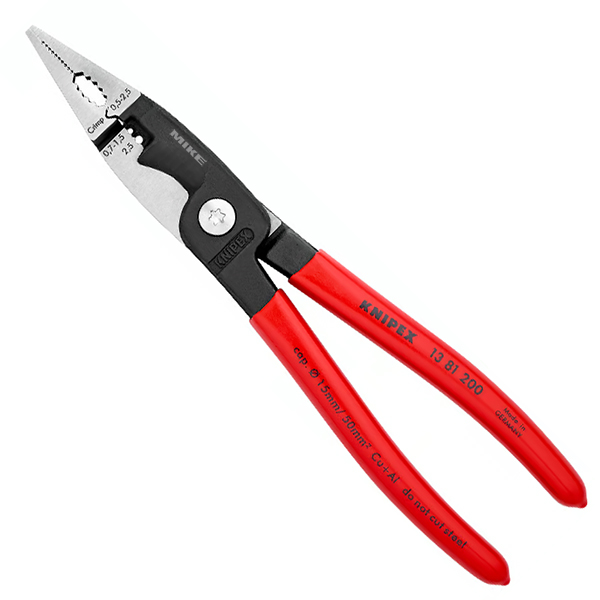 Kìm điện đa năng 6 chức năng Knipex 13 81 200 dài 200mm, cắt cáp Ø15mm tiết diện 50mm², tuốt dây 0.75–1.5/2.5mm², bấm cos 0.5–2.5mm², đầu kìm phủ đen chống gỉ bóng. Tay cầm nhựa bọc đơn.