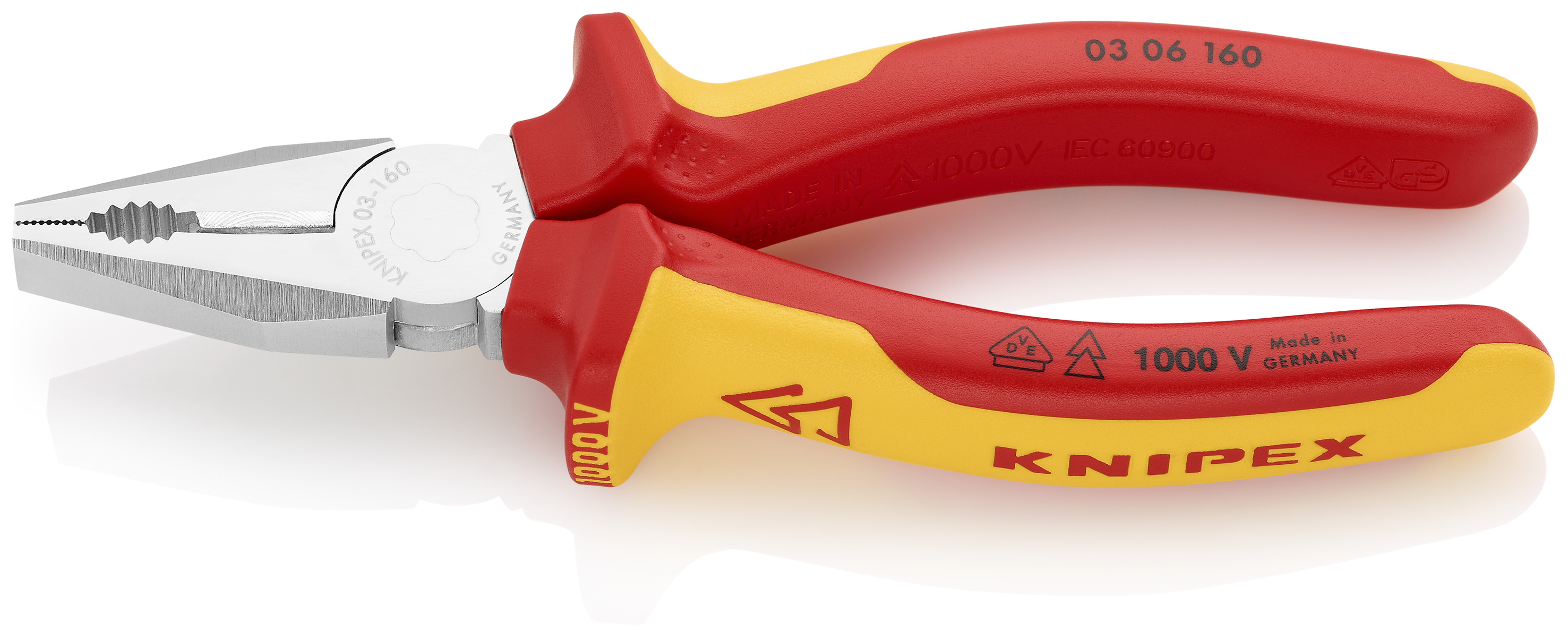 KNIPEX 03 06 160 Combination Pliers 160 mm chrome-plated insulated with multi-component grips, VDE-tested chrome-plated
