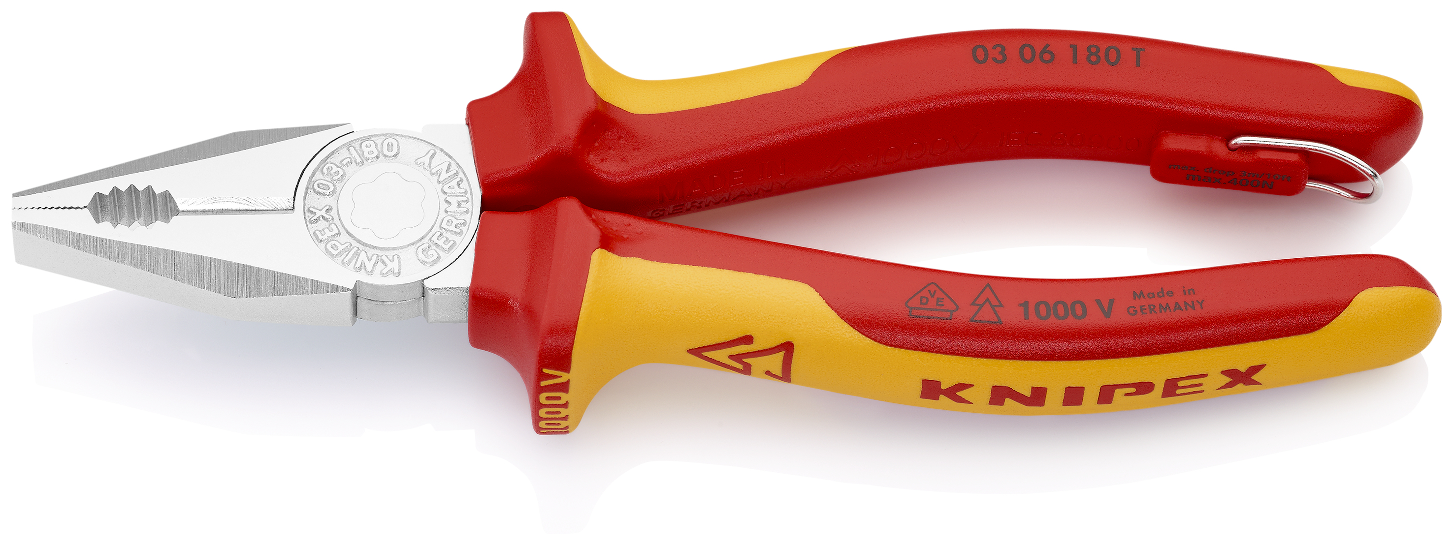 KNIPEX 03 06 180 T Combination Pliers 180 mm chrome-plated insulated with multi-component grips, VDE-tested with integrated insulated tether attachment point for a tool tether chrome-plated