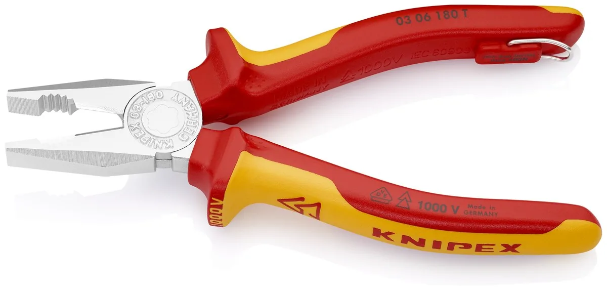 KNIPEX 03 06 180 T Combination Pliers 180 mm chrome-plated insulated with multi-component grips, VDE-tested with integrated insulated tether attachment point for a tool tether chrome-plated thumbnail 3