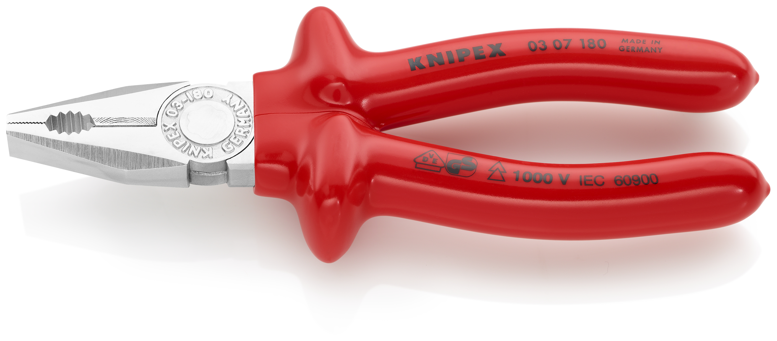 KNIPEX 03 07 180 Combination Pliers 180 mm chrome-plated with dipped insulation, VDE-tested chrome-plated