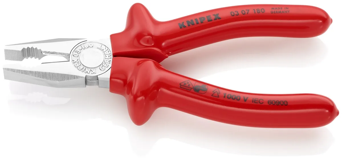KNIPEX 03 07 180 Combination Pliers 180 mm chrome-plated with dipped insulation, VDE-tested chrome-plated thumbnail 3