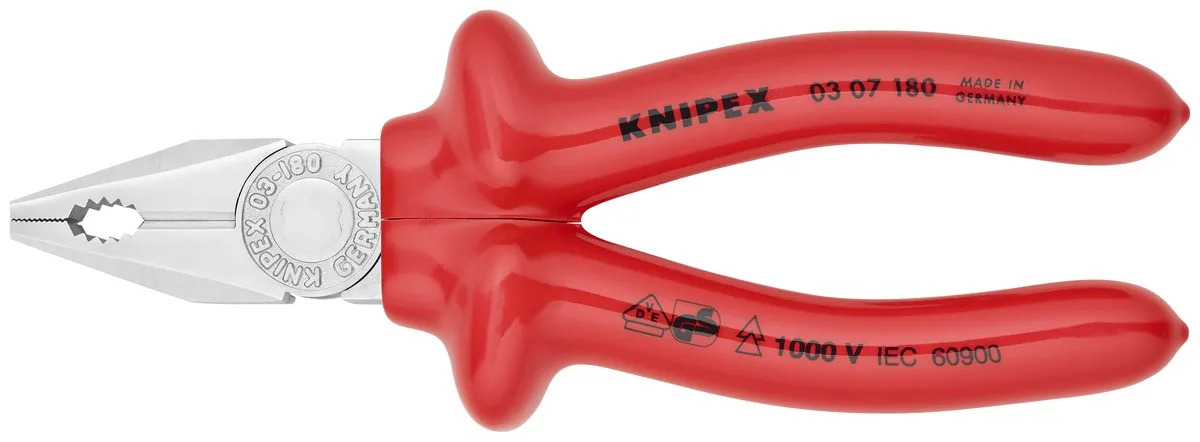 KNIPEX 03 07 180 Combination Pliers 180 mm chrome-plated with dipped insulation, VDE-tested chrome-plated thumbnail 4