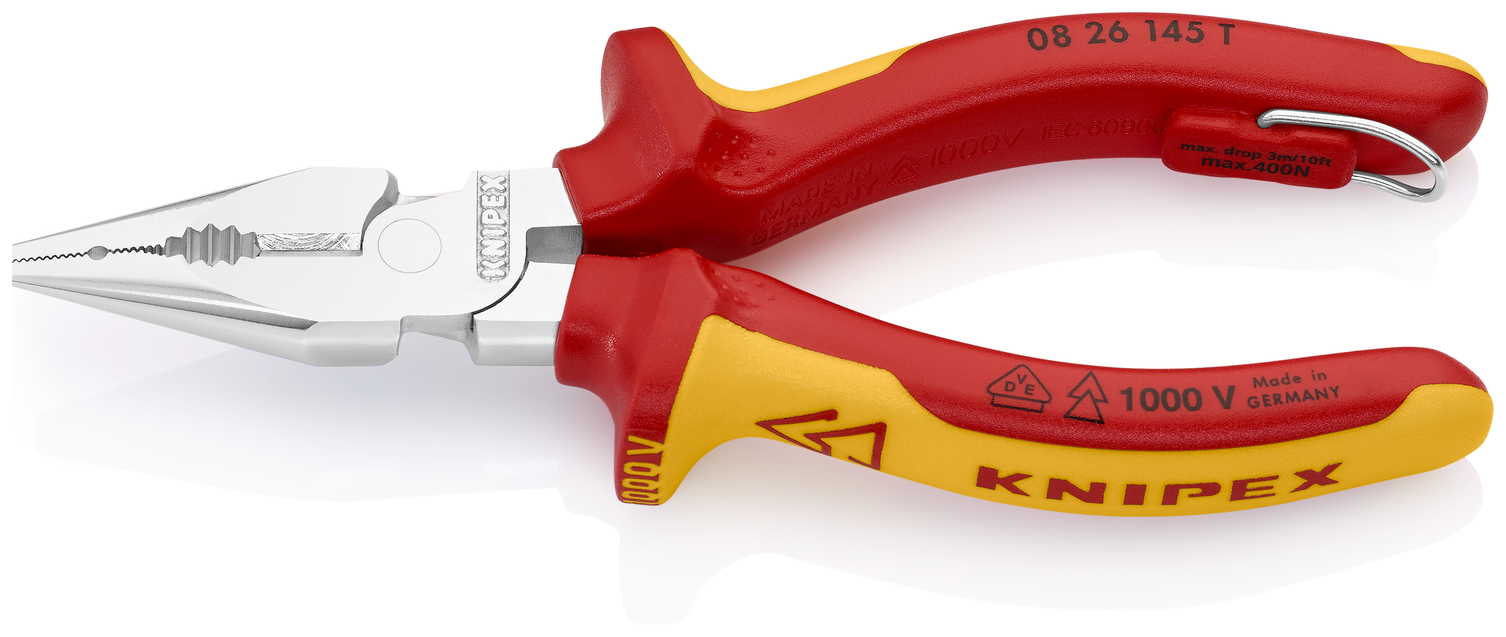 KNIPEX 08 26 145 T BK Needle-Nose Combination Pliers 145 mm chrome-plated insulated with multi-component grips, VDE-tested with integrated insulated tether attachment point for a tool tether chrome-plated