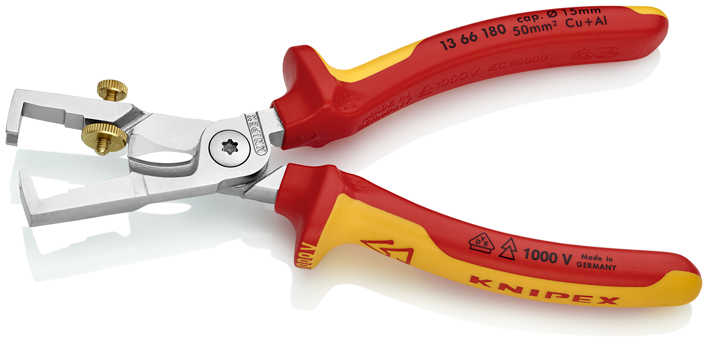 KNIPEX 13 66 180 T StriX® Insulation strippers with cable shears 180 mm chrome-plated insulated with multi-component grips, VDE-tested with integrated insulated tether attachment point for a tool tether chrome-plated