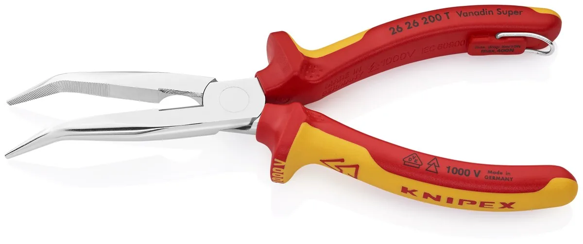 KNIPEX 26 26 200 T Snipe Nose Side Cutting Pliers (Stork Beak Pliers) 200 mm chrome-plated insulated with multi-component grips, VDE-tested with integrated insulated tether attachment point for a tool tether chrome-plated