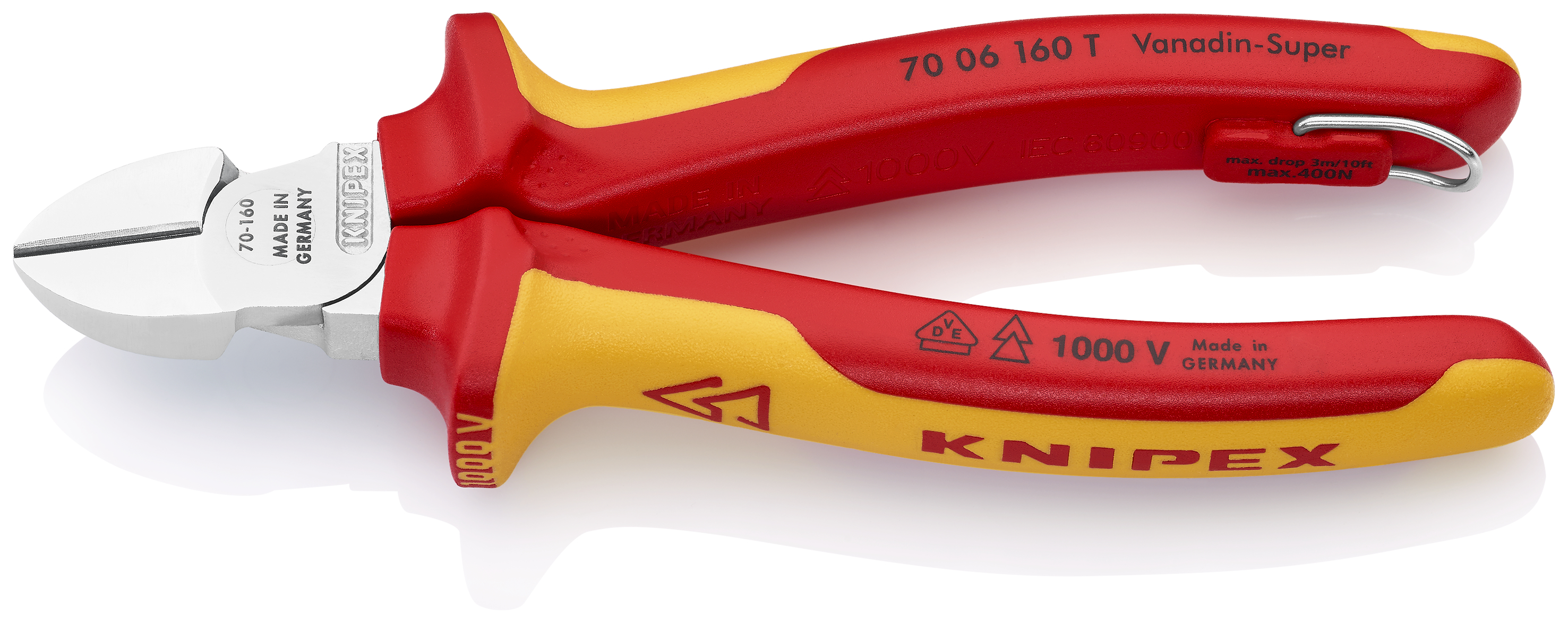 KNIPEX 70 06 160 T BK Diagonal Cutter 160 mm chrome-plated insulated with multi-component grips, VDE-tested with integrated insulated tether attachment point for a tool tether chrome-plated