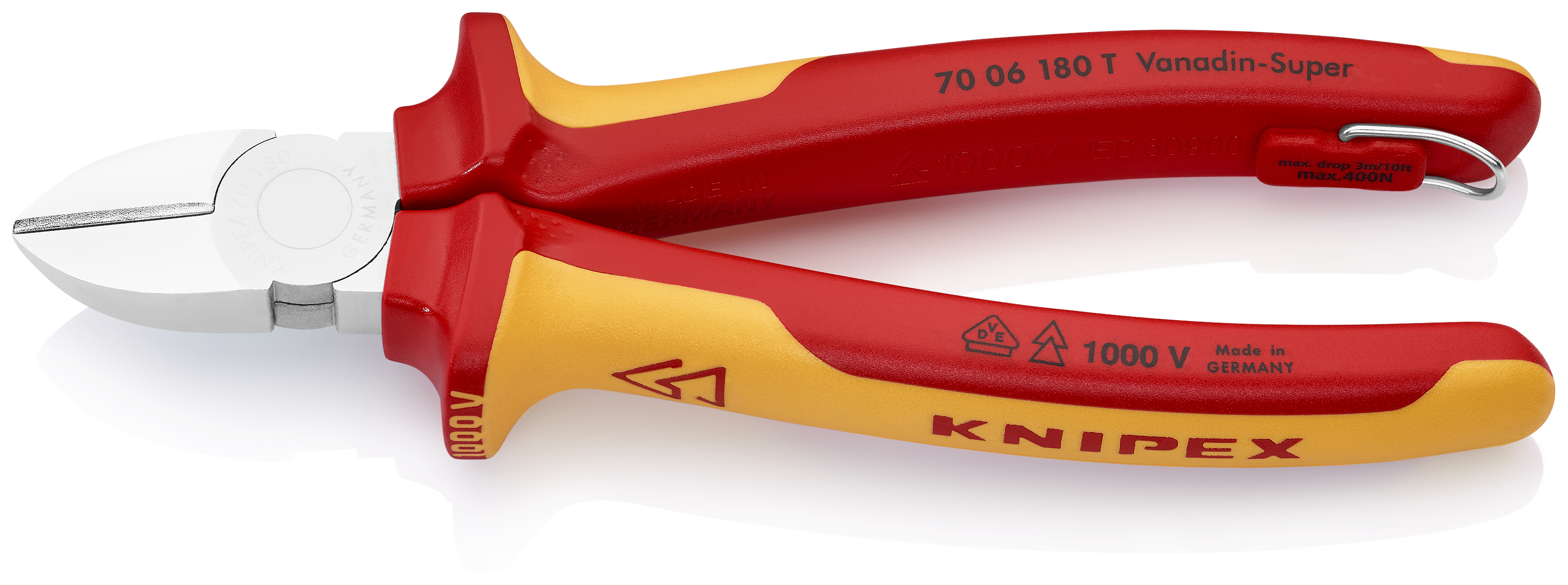 KNIPEX 70 06 180 T BK Diagonal Cutter 180 mm chrome-plated insulated with multi-component grips, VDE-tested with integrated insulated tether attachment point for a tool tether chrome-plated