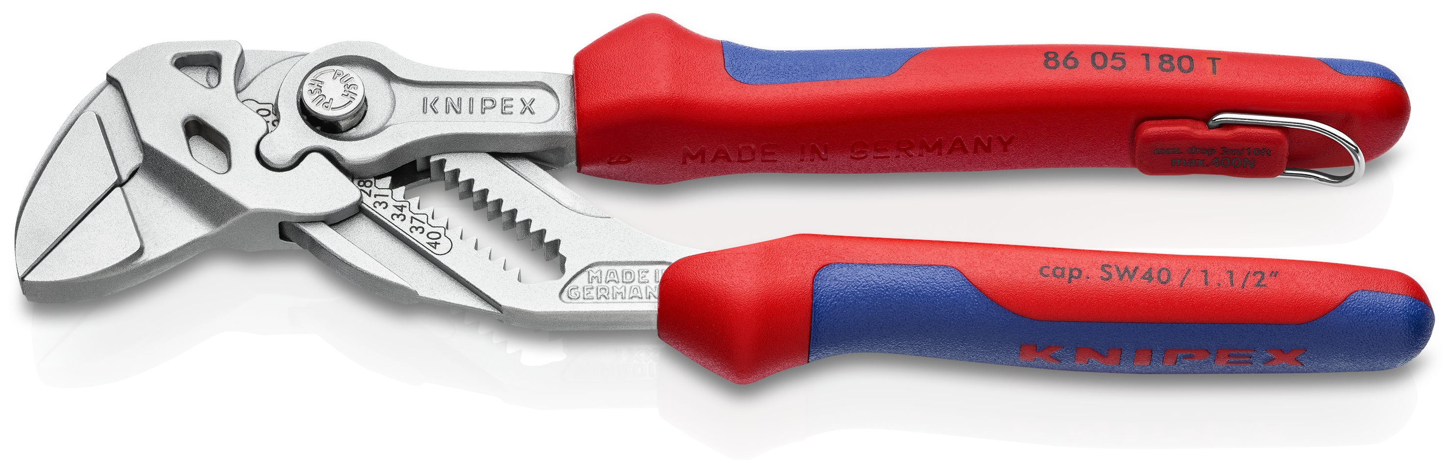 KNIPEX 86 05 180 T BK Pliers Wrench pliers and a wrench in a single tool 180 mm chrome-plated with multi-component grips, with integrated tether attachment point for a tool tether chrome-plated