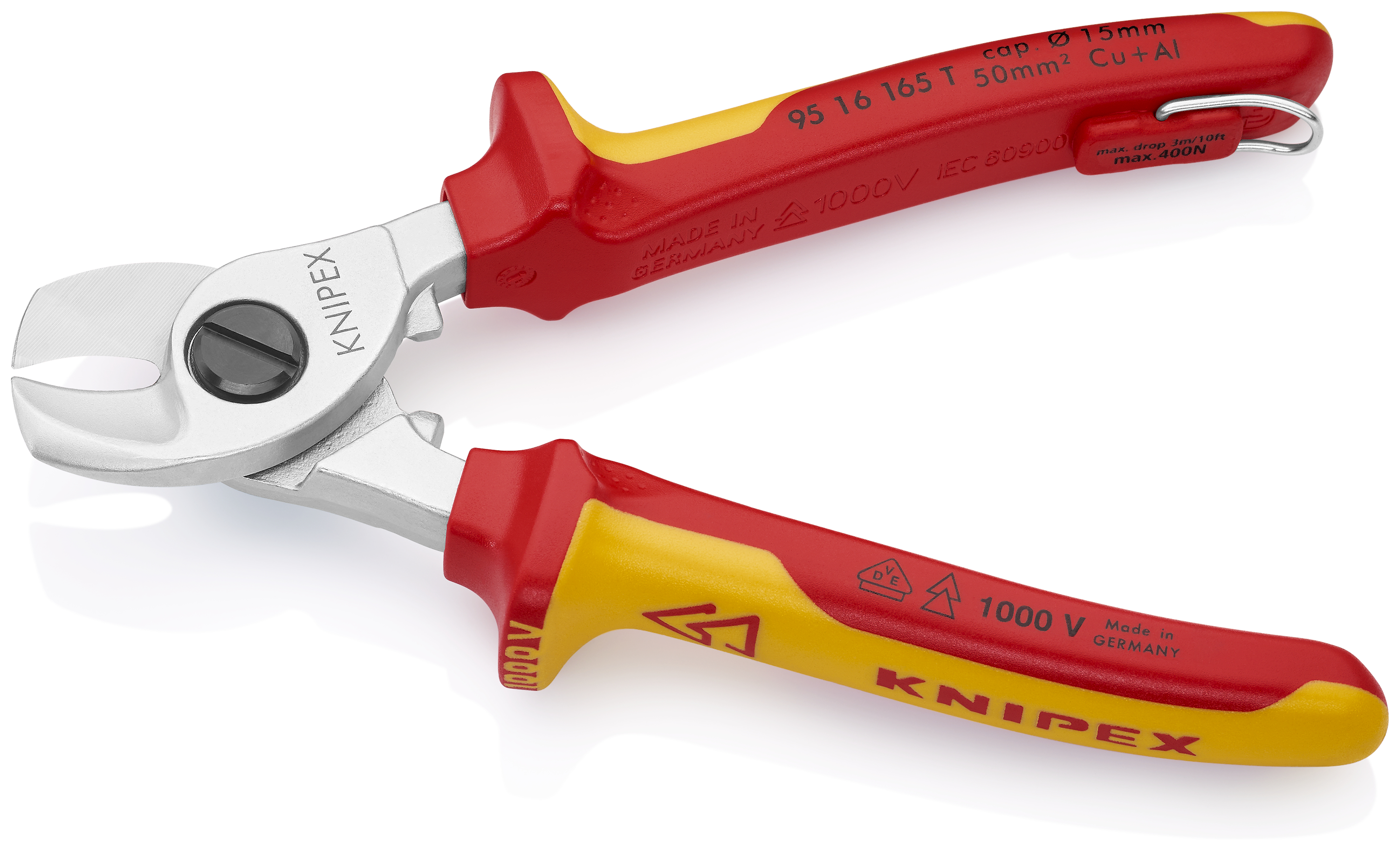 KNIPEX 95 16 165 T BK Cable Shears 165 mm chrome-plated insulated with multi-component grips, VDE-tested with integrated insulated tether attachment point for a tool tether thumbnail 2
