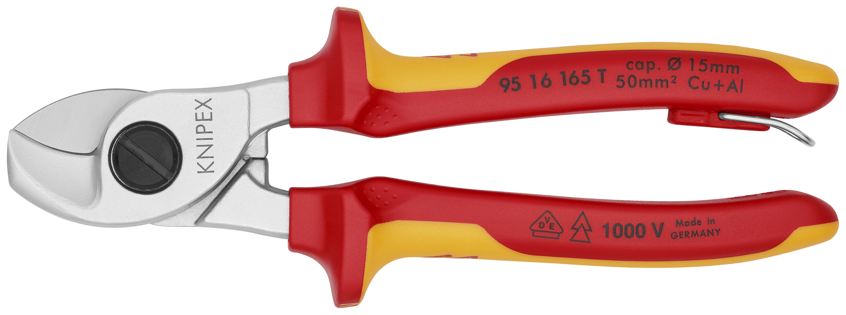 KNIPEX 95 16 165 T Cable Shears 165 mm chrome-plated insulated with multi-component grips, VDE-tested with integrated insulated tether attachment point for a tool tether thumbnail 7
