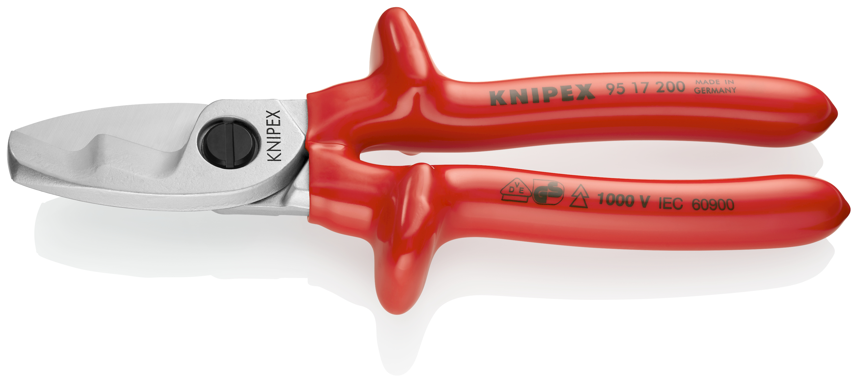 KNIPEX 95 17 200 Cable Shears with twin cutting edge 200 mm chrome-plated with dipped insulation, VDE-tested