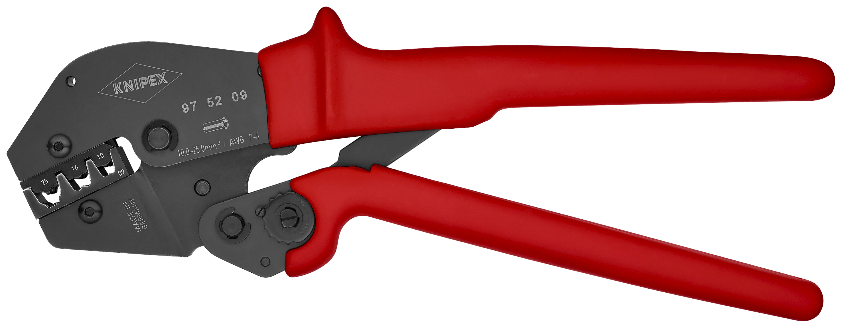 KNIPEX 97 52 09 Crimping Pliers for two-hand operation 250 mm burnished with non-slip plastic grips burnished
