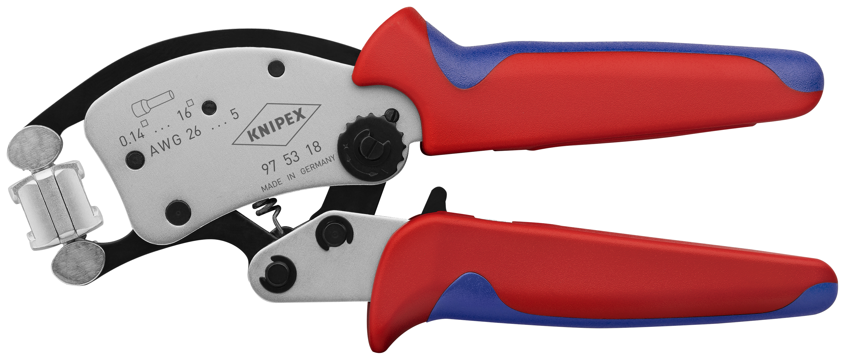 KNIPEX 97 53 18 Twistor16® Self-Adjusting Crimping Pliers for wire ferrules with rotatable die head 200 mm chrome-plated with multi-component handles chrome-plated