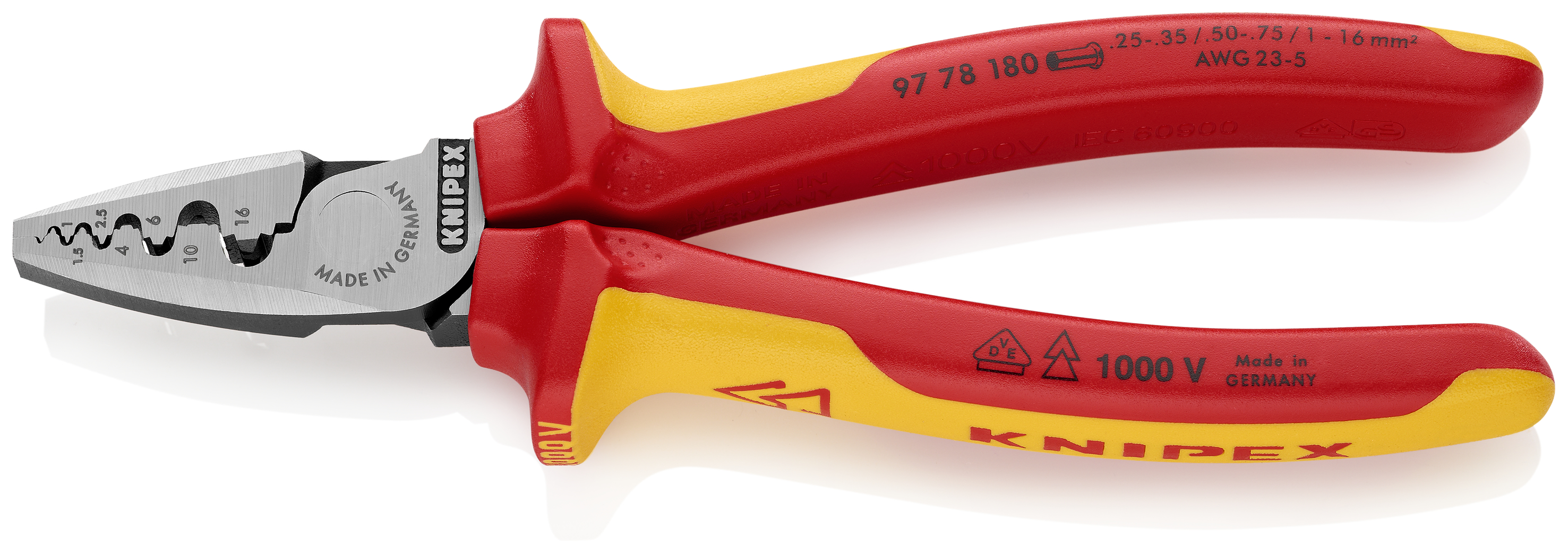 KNIPEX 97 78 180 SB Crimping Pliers for wire ferrules 180 mm insulated with multi-component grips, VDE-tested polished