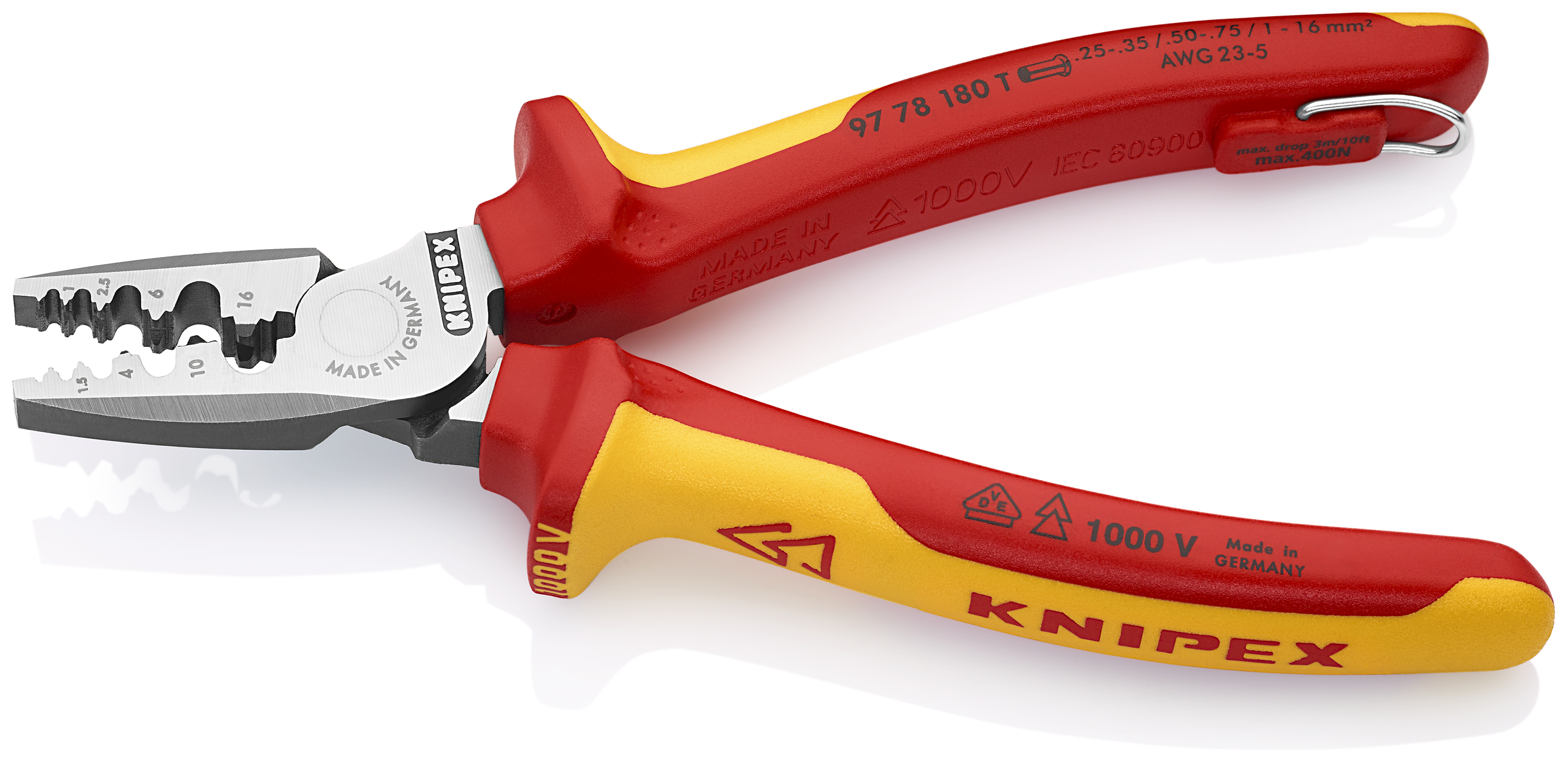 KNIPEX 97 78 180 T BK Crimping Pliers for wire ferrules 180 mm insulated with multi-component grips, VDE-tested with integrated insulated tether attachment point for a tool tether polished thumbnail 2
