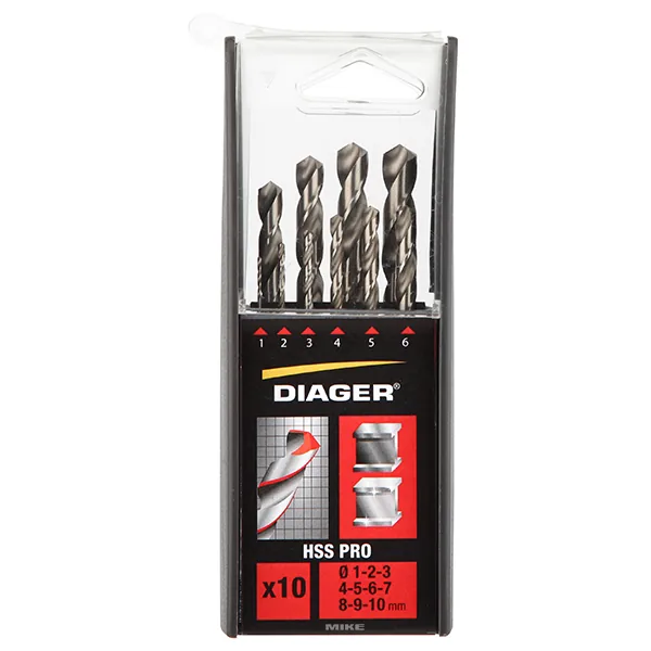 Bộ mũi khoan thép 10 chi tiết size Ø1-10mm DIAGER 718C, vật liệu HSS PRO, đầu mũi 118°
