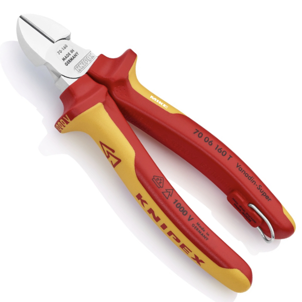 KNIPEX 70 06 160 T BK Diagonal Cutter 160 mm chrome-plated insulated with multi-component grips, VDE-tested with integrated insulated tether attachment point for a tool tether chrome-plated
