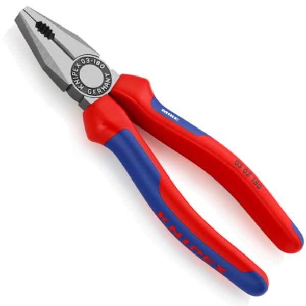 Kìm răng đầu bằng Knipex 03 02 180, 180mm, bề mặt mạ đen, cán bọc nhựa đa thành phần.