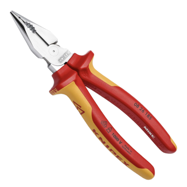 KNIPEX 08 26 185 Needle-Nose Combination Pliers 185 mm chrome-plated insulated with multi-component grips, VDE-tested polished