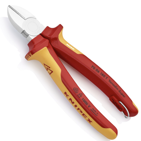 KNIPEX 70 06 180 T BK Diagonal Cutter 180 mm chrome-plated insulated with multi-component grips, VDE-tested with integrated insulated tether attachment point for a tool tether chrome-plated