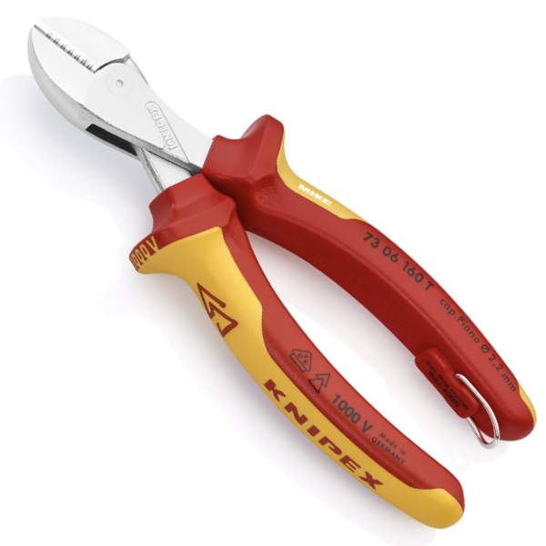 KNIPEX 73 06 160 T BK X-Cut® Compact Diagonal Cutter 160 mm chrome-plated insulated with multi-component grips, VDE-tested with integrated insulated tether attachment point for a tool tether chrome-plated