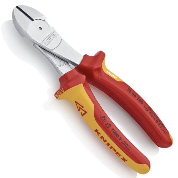 KNIPEX 74 06 180 SB High Leverage Diagonal Cutter 180 mm chrome-plated insulated with multi-component grips, VDE-tested chrome-plated