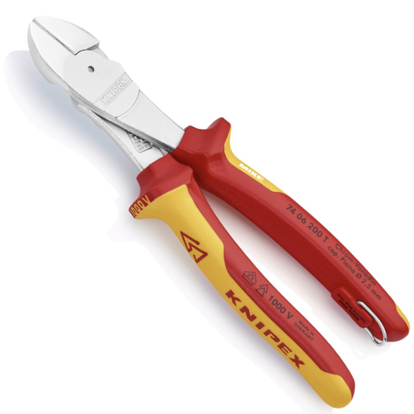 KNIPEX 74 06 200 T BK High Leverage Diagonal Cutter 200 mm chrome-plated insulated with multi-component grips with integrated insulated tether attachment point, VDE tested chrome-plated