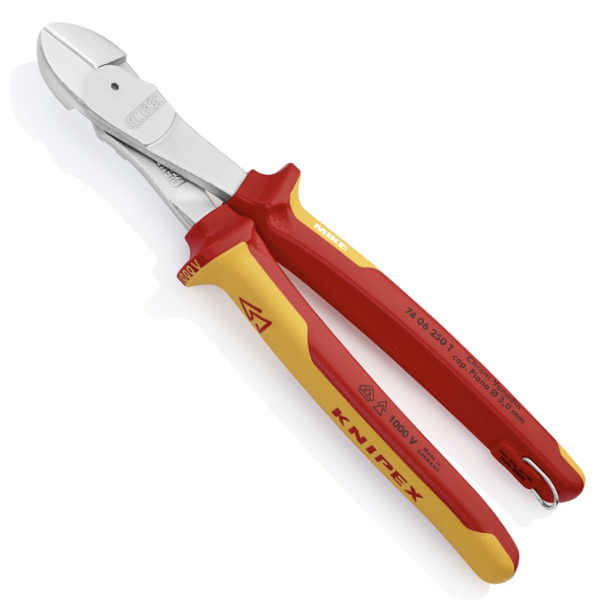 KNIPEX 74 06 250 T BK High Leverage Diagonal Cutter 250 mm chrome-plated insulated with multi-component grips, VDE-tested with integrated insulated tether attachment point for a tool tether chrome-plated