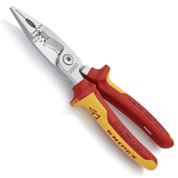 KNIPEX 13 86 200 Pliers for Electrical Installation 200 mm chrome-plated insulated with multi-component grips, VDE-tested chrome-plated