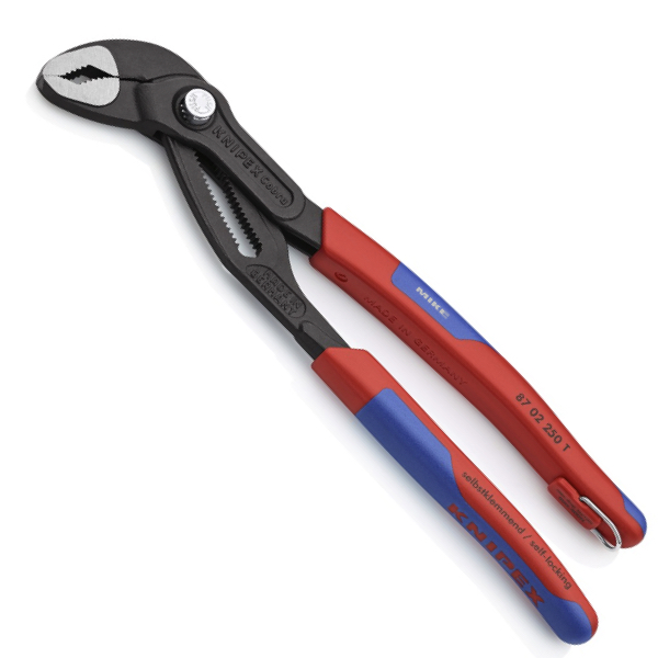 KNIPEX 87 02 250 T Cobra® High-Tech Water Pump Pliers 250 mm grey atramentized with multi-component grips, with integrated tether attachment point for a tool tether polished