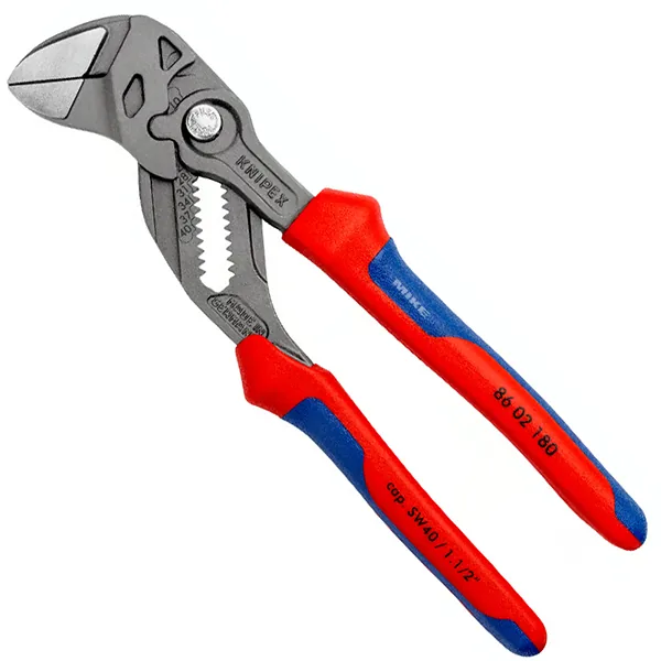 Kìm mỏ quạ Knipex  86 02 180 size 7', độ mở ngàm 23mm, số bước chuyển 15, bề mặt mạ xám chống gỉ, cán bọc nhựa đa màu